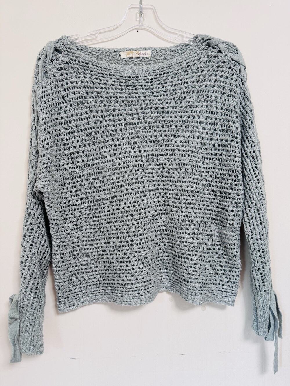 Rewind Women's Large Dusty Blue Open Knit Crochet Sweater Lace Up Sleeves Boho